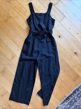Ann Taylor Black Wide-Leg Belted Linen-Blend Jumpsuit